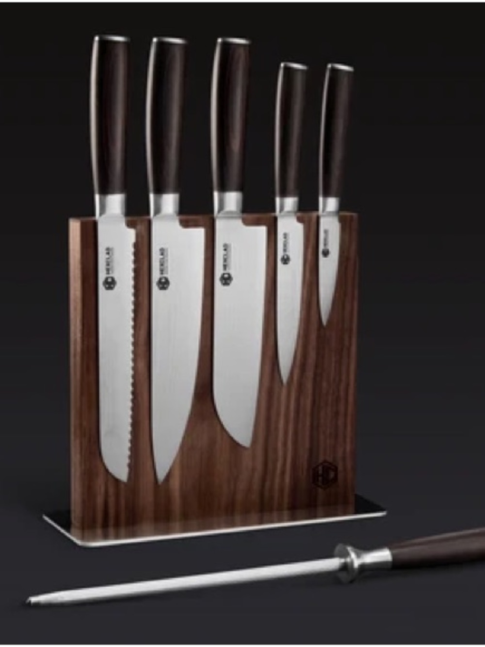 HEXCLAD Classic Walnut Magnetic Knife Block Set with Knives Black Handles